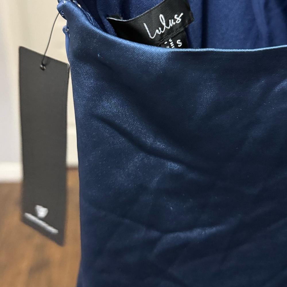 Lulus Exceptional Status Halter Backless Satin Midi Dress Blue Size Small - Picture 5 of 8